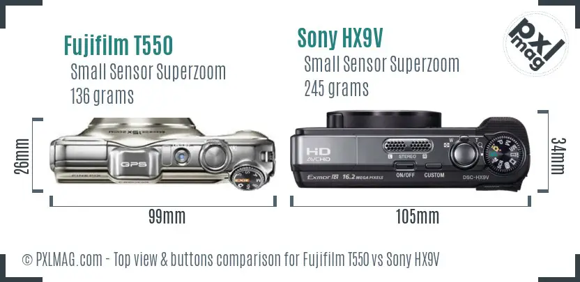 Fujifilm T550 vs Sony HX9V top view buttons comparison
