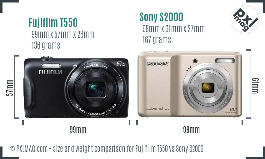 Fujifilm T550 vs Sony S2000 size comparison