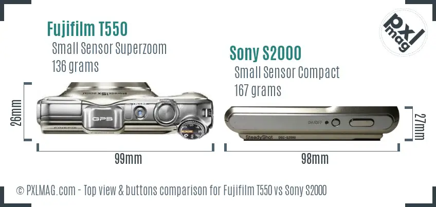 Fujifilm T550 vs Sony S2000 top view buttons comparison