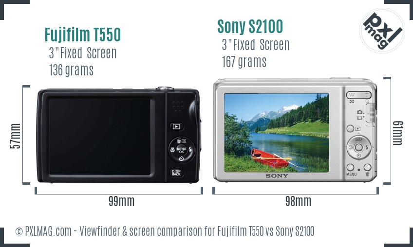 Fujifilm T550 vs Sony S2100 Screen and Viewfinder comparison