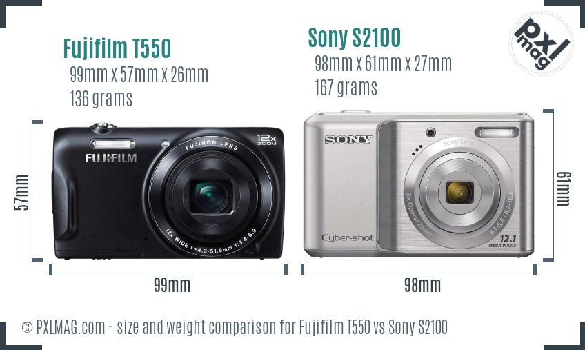 Fujifilm T550 vs Sony S2100 size comparison