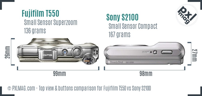 Fujifilm T550 vs Sony S2100 top view buttons comparison