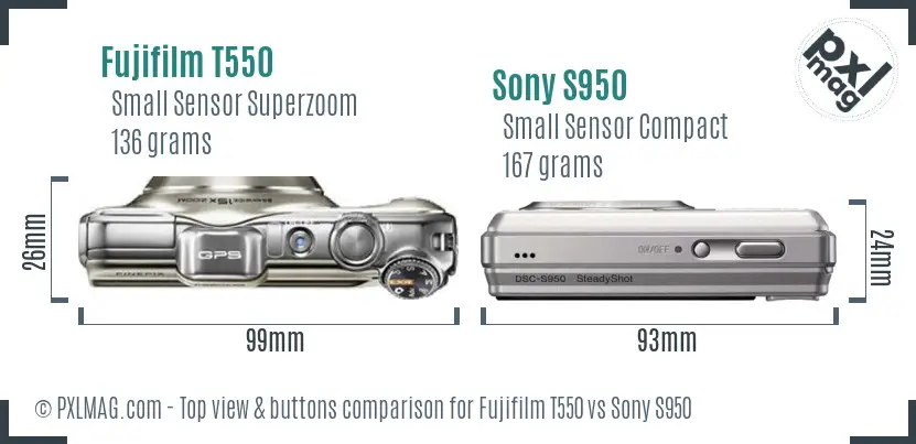 Fujifilm T550 vs Sony S950 top view buttons comparison