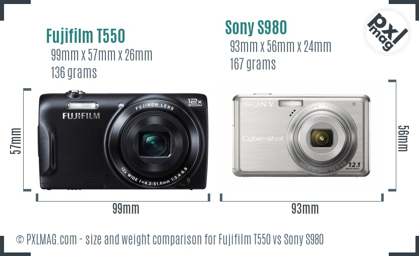 Fujifilm T550 vs Sony S980 size comparison