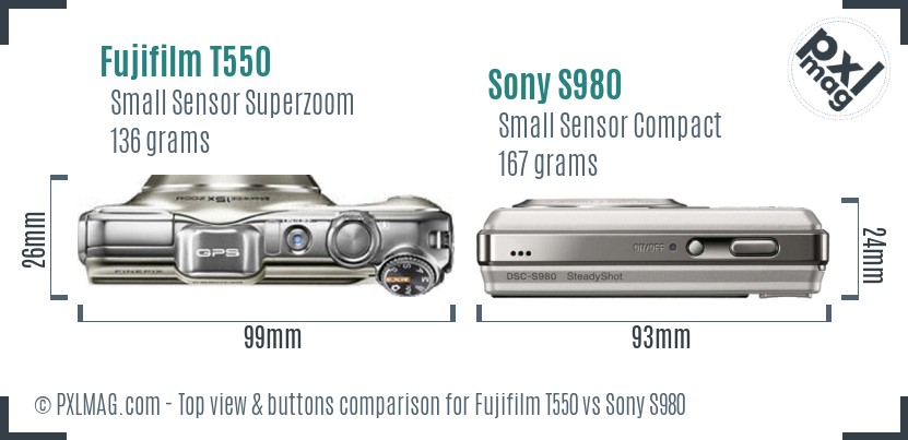 Fujifilm T550 vs Sony S980 top view buttons comparison