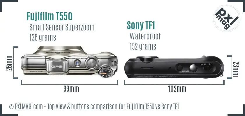 Fujifilm T550 vs Sony TF1 top view buttons comparison