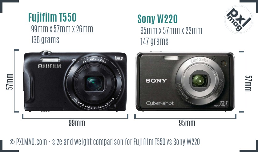 Fujifilm T550 vs Sony W220 size comparison