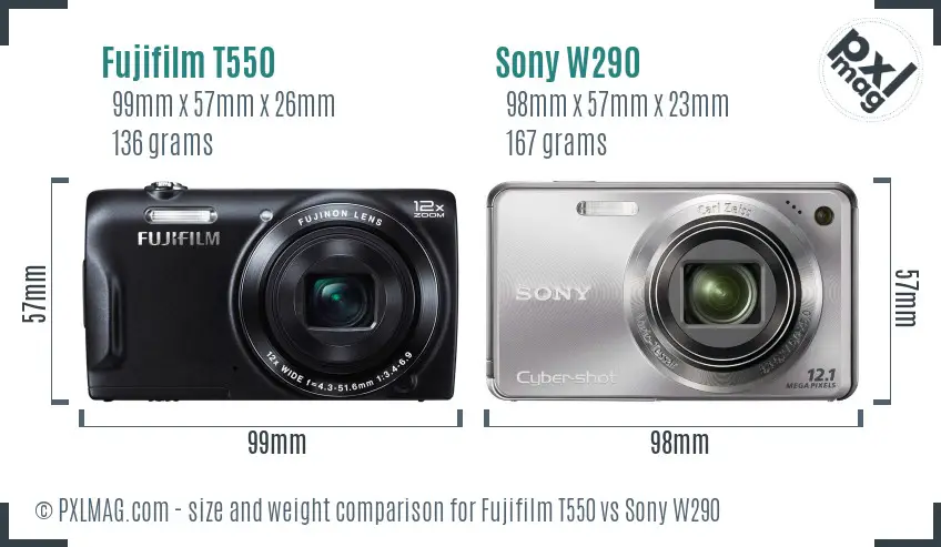 Fujifilm T550 vs Sony W290 size comparison