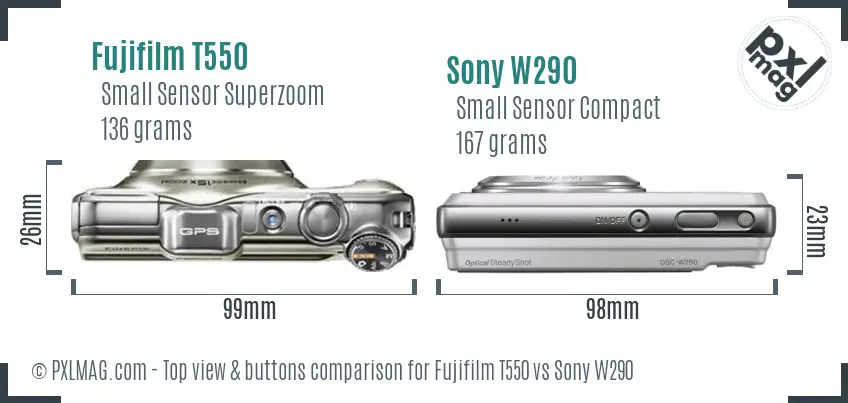 Fujifilm T550 vs Sony W290 top view buttons comparison