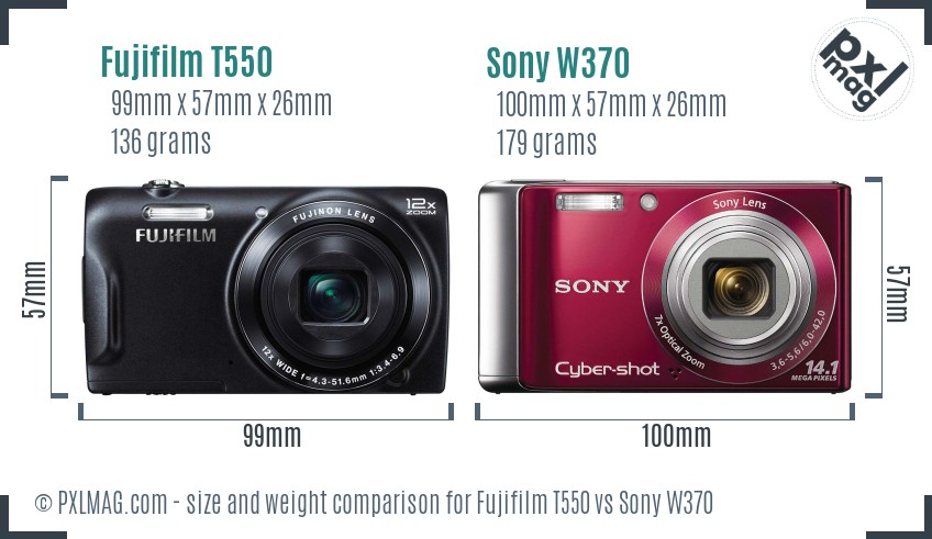 Fujifilm T550 vs Sony W370 size comparison