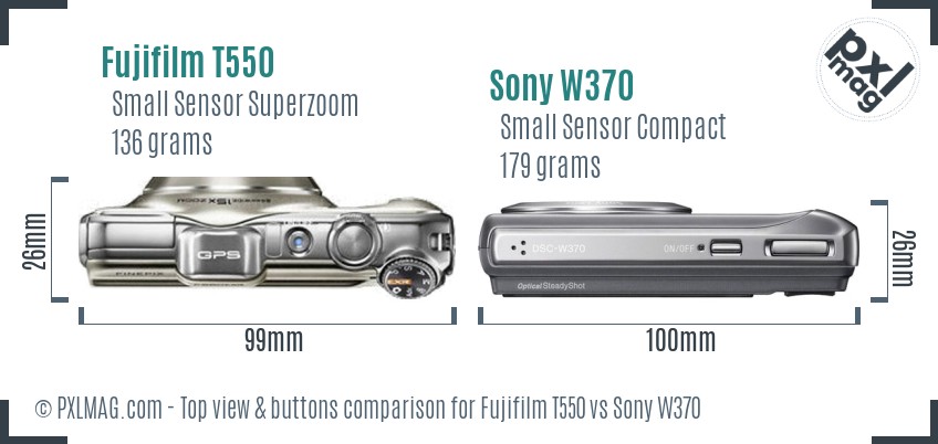 Fujifilm T550 vs Sony W370 top view buttons comparison