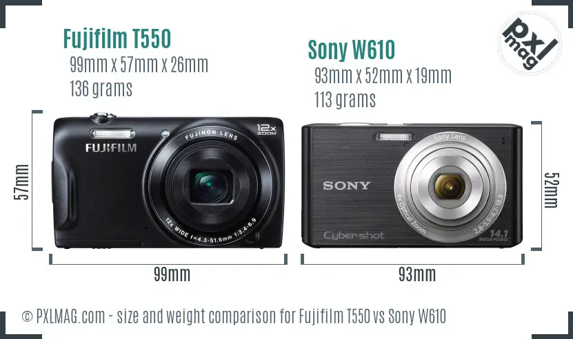 Fujifilm T550 vs Sony W610 size comparison