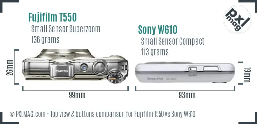 Fujifilm T550 vs Sony W610 top view buttons comparison