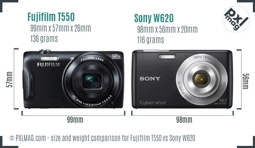 Fujifilm T550 vs Sony W620 size comparison