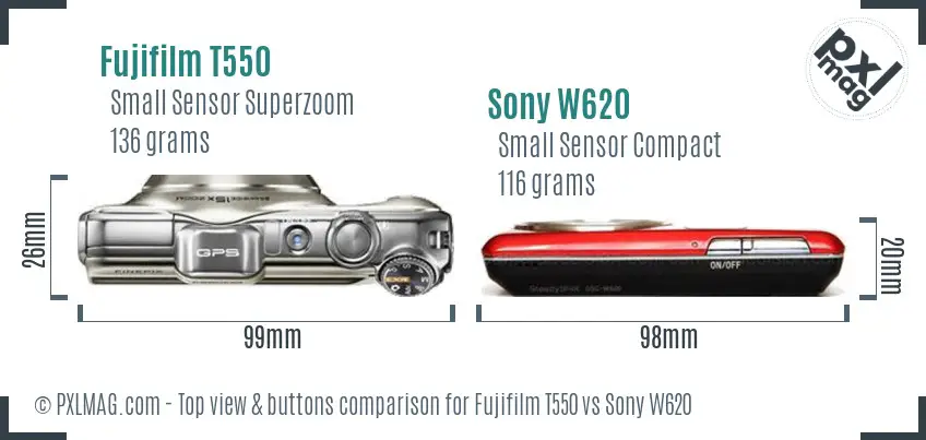 Fujifilm T550 vs Sony W620 top view buttons comparison