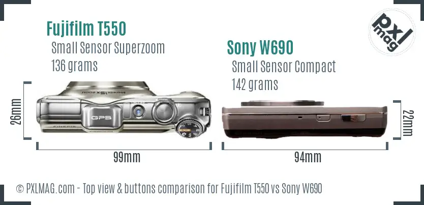 Fujifilm T550 vs Sony W690 top view buttons comparison Fujifilm T550 vs Sony W690 top view buttons comparison