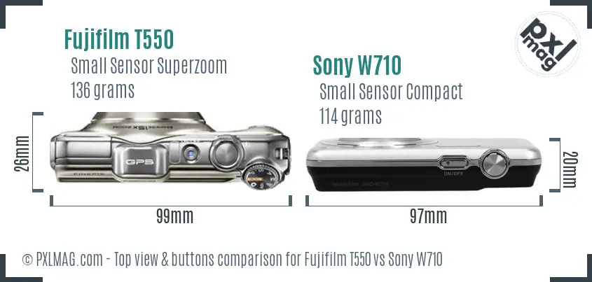 Fujifilm T550 vs Sony W710 top view buttons comparison