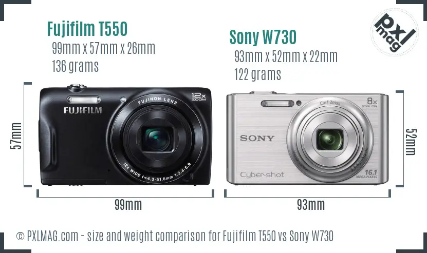Fujifilm T550 vs Sony W730 size comparison