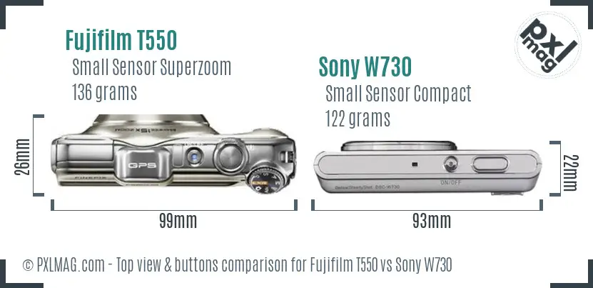 Fujifilm T550 vs Sony W730 top view buttons comparison
