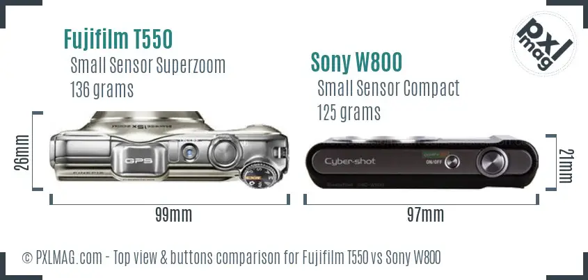 Fujifilm T550 vs Sony W800 top view buttons comparison