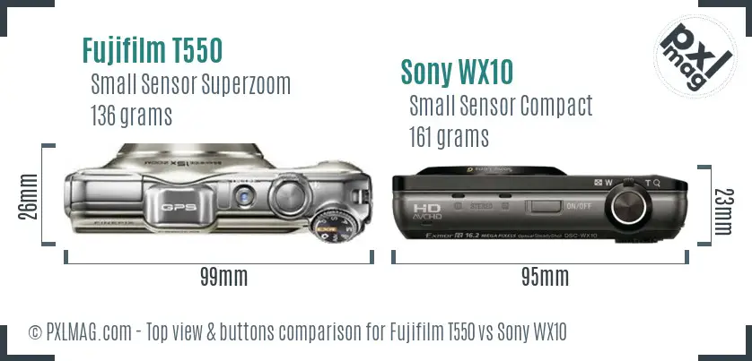 Fujifilm T550 vs Sony WX10 top view buttons comparison Fujifilm T550 vs Sony WX10 top view buttons comparison
