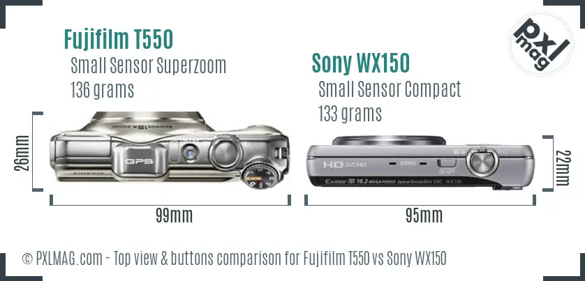 Fujifilm T550 vs Sony WX150 top view buttons comparison