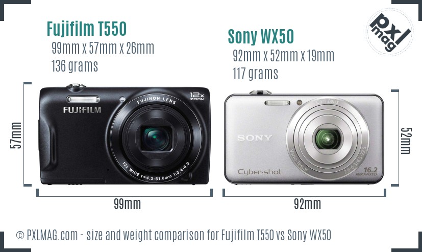 Fujifilm T550 vs Sony WX50 size comparison
