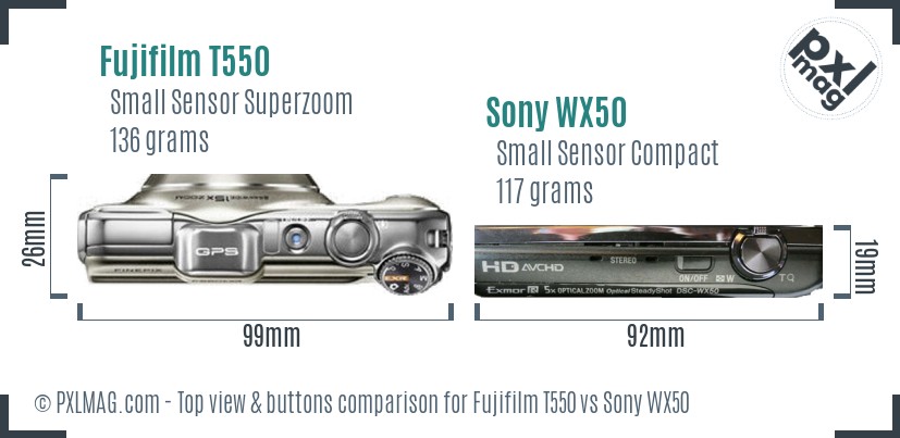 Fujifilm T550 vs Sony WX50 top view buttons comparison