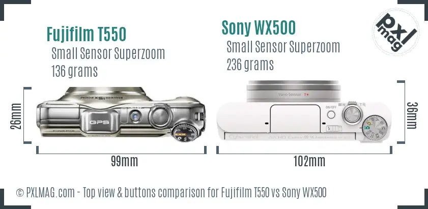 Fujifilm T550 vs Sony WX500 top view buttons comparison