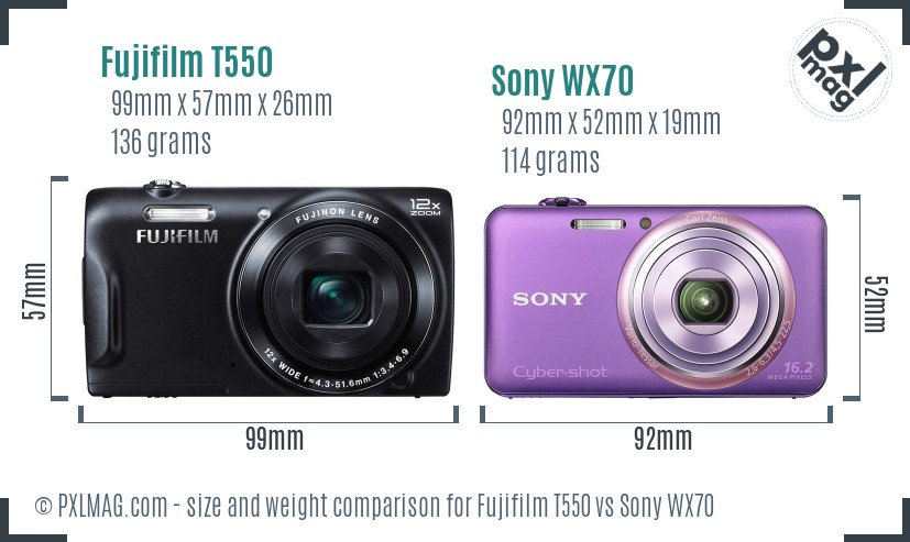 Fujifilm T550 vs Sony WX70 size comparison