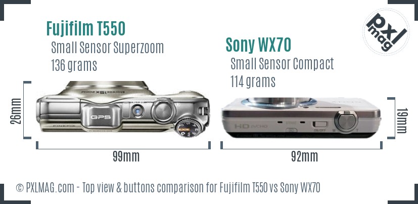 Fujifilm T550 vs Sony WX70 top view buttons comparison