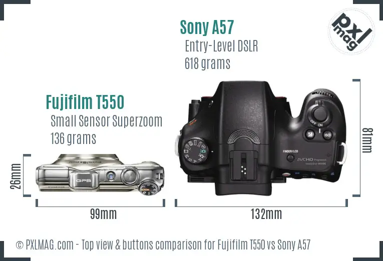 Fujifilm T550 vs Sony A57 top view buttons comparison