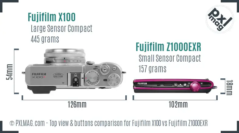 Fujifilm X100 vs Fujifilm Z1000EXR top view buttons comparison