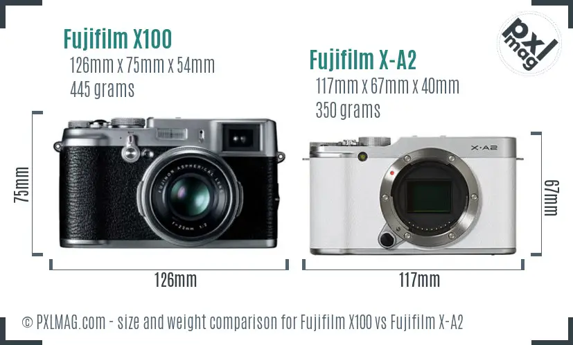 Fujifilm X100 vs Fujifilm X-A2 size comparison