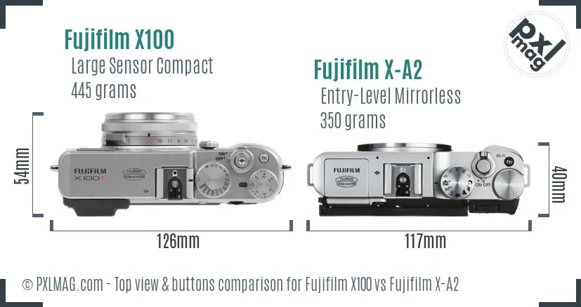Fujifilm X100 vs Fujifilm X-A2 top view buttons comparison