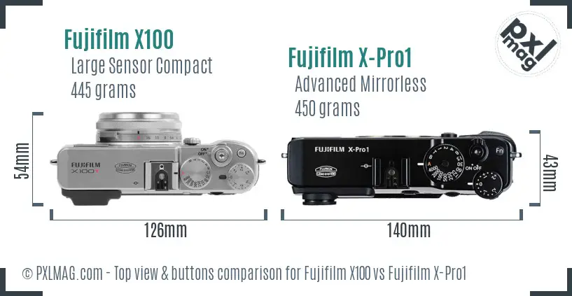 Fujifilm X100 vs Fujifilm X-Pro1 top view buttons comparison