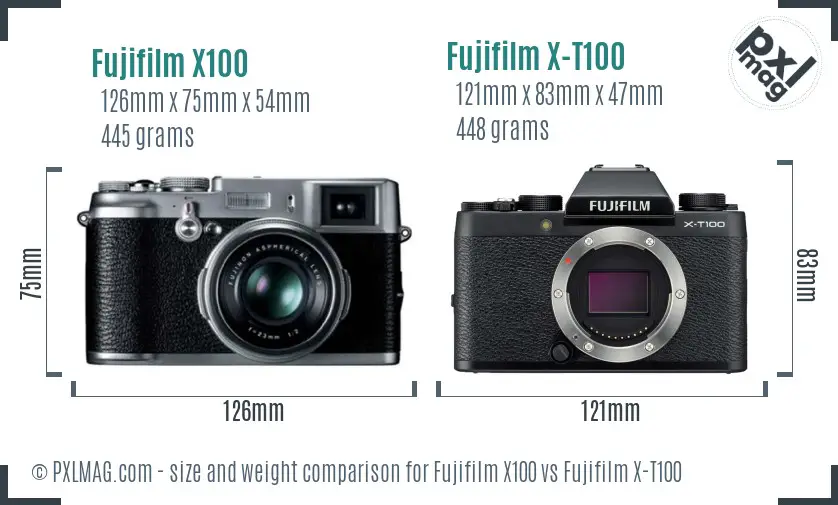 Fujifilm X100 vs Fujifilm X-T100 size comparison