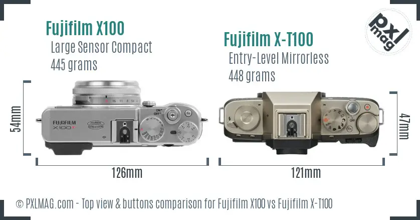 Fujifilm X100 vs Fujifilm X-T100 top view buttons comparison