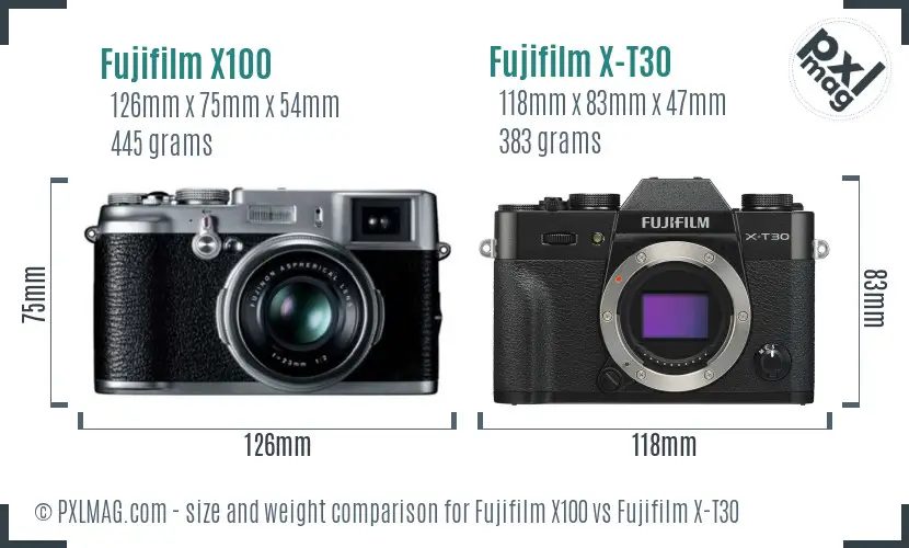 Fujifilm X100 vs Fujifilm X-T30 size comparison