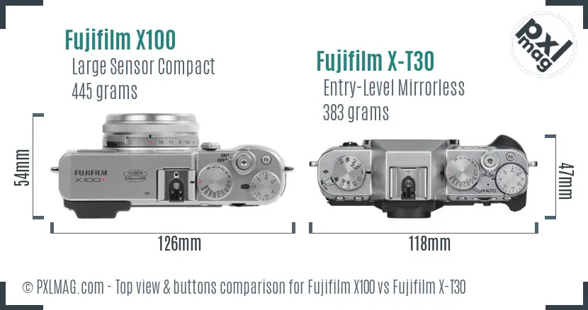 Fujifilm X100 vs Fujifilm X-T30 top view buttons comparison