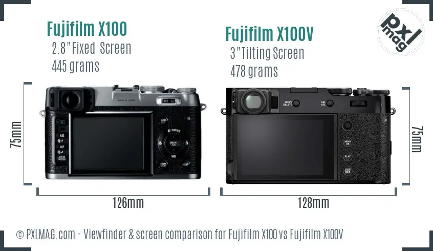 Fujifilm X100 vs Fujifilm X100V Screen and Viewfinder comparison