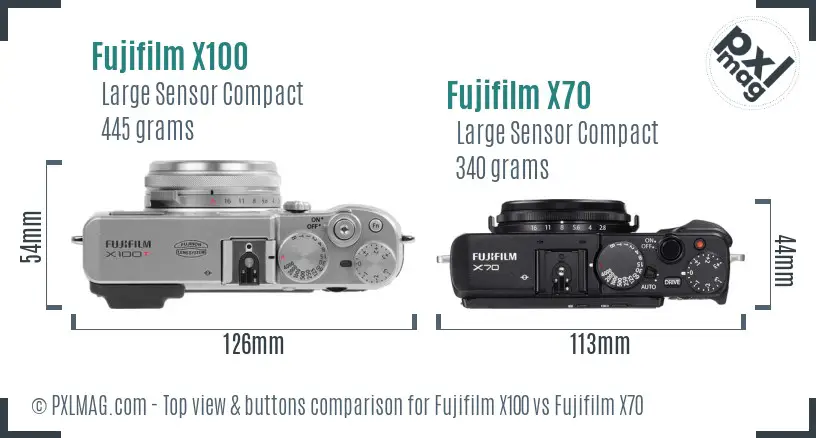 Fujifilm X100 vs Fujifilm X70 top view buttons comparison