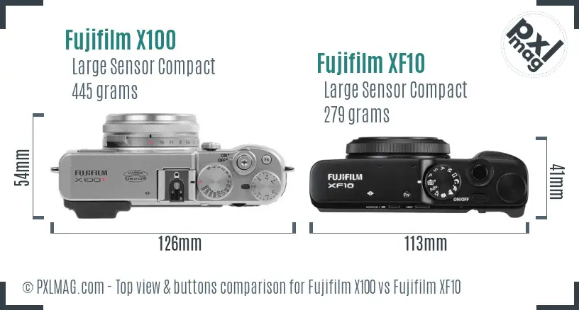 Fujifilm X100 vs Fujifilm XF10 top view buttons comparison
