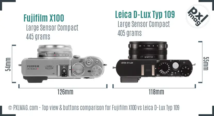 Fujifilm X100 vs Leica D-Lux Typ 109 top view buttons comparison