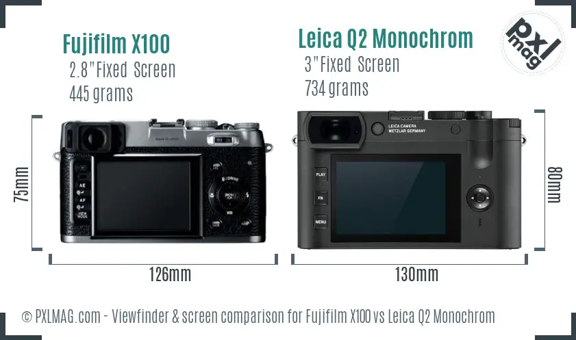 Fujifilm X100 vs Leica Q2 Monochrom Screen and Viewfinder comparison
