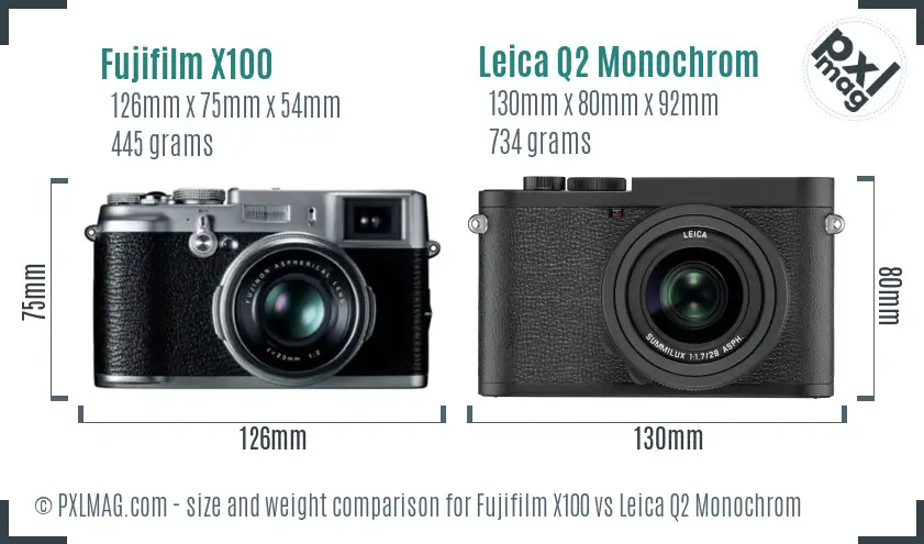 Fujifilm X100 vs Leica Q2 Monochrom size comparison