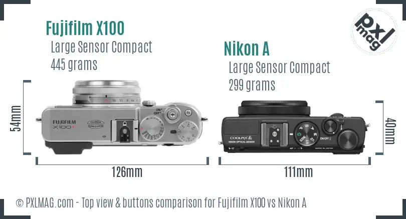 Fujifilm X100 vs Nikon A top view buttons comparison
