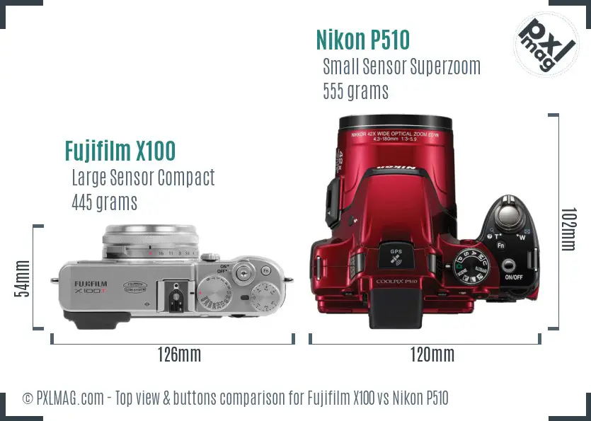 Fujifilm X100 vs Nikon P510 top view buttons comparison