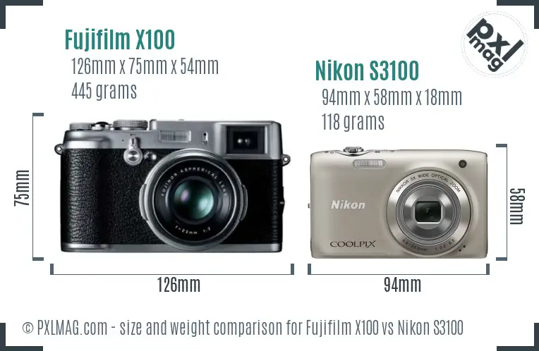 Fujifilm X100 vs Nikon S3100 size comparison Fujifilm X100 vs Nikon S3100 size comparison