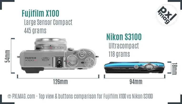 Fujifilm X100 vs Nikon S3100 top view buttons comparison Fujifilm X100 vs Nikon S3100 top view buttons comparison